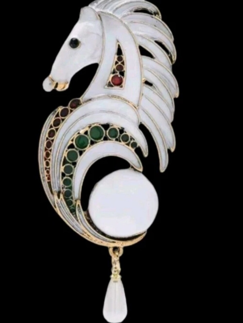 White Enamel Multicolored Horse Head Brooch Pin With Faux Pearl Tassel Accent